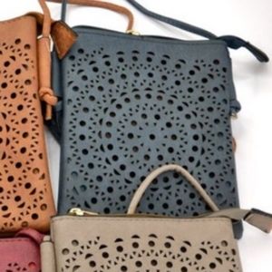 Kara and Kate perforated Mandala accent crossbody bag navy